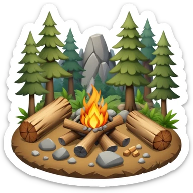 bushcraft campfire with stones, logs for sitting, in forest setting sticker