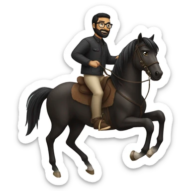 a black haired guy who has a beard and glasses riding a horse  sticker