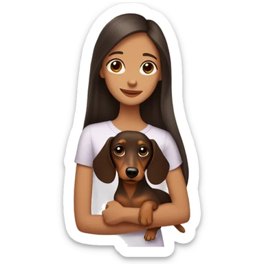 A brown dachshund in the arms of a girl with dark long hair and brown eyes sticker