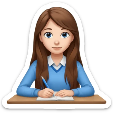 high school class room with a pretty female high school student with long brown hair, blue eyes sitting in front of the blackboard sticker
