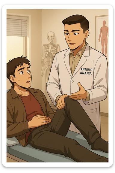 fai un webtoon manga a colori con questo stile, in cui un uomo è steso sul lettino medico e il kinesiologo con il camice bianco (fagli anche la scritta "ANTONIO ANANIA" SUL CAMICE, gli solleva una gamba per fargli il test neuromuscolare, IL KINESIOLOGO SPIEGA ALL'UOMO UNA cosa mentre gli alza la gamba. non fare i fumetti però, fai solo in modo che sembri stiano parlando sticker