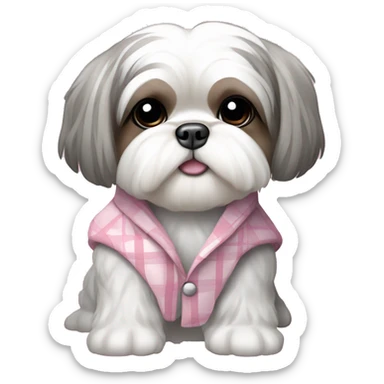 White and gray shaved shih tzu wearing a baby pink plaid coat sticker