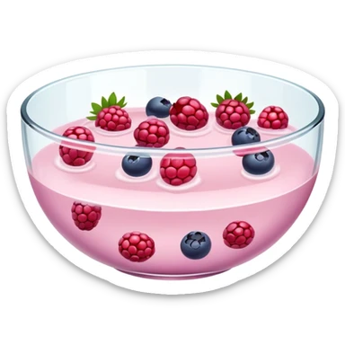 A clear glass bowl filled with milky light pink liquid with chunks of various berries floating in it sticker