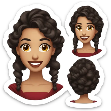 young moroccan woman with dark brown eyes, brown long curling hair with lighter tips, red lips, big smile, cleavage black dress sticker