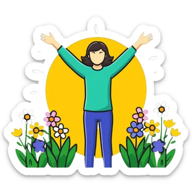 A joyful person with arms spread wide, surrounded by spring flowers and sunshine sticker