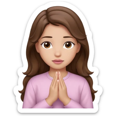 girl with wavy long brown hair, brown eyes, light to medium complexion, long lashes, light pink lipstick, praying, wearing light pink shirt sticker