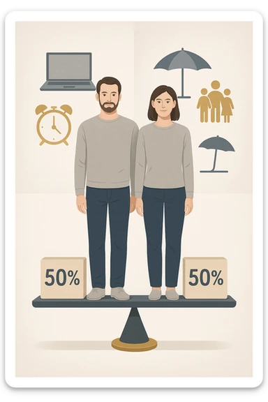 Uomo e donna in piedi l’uno accanto all’altra, al centro di una bilancia perfettamente in equilibrio. Entrambi vestiti in modo simile (moderno e neutro), con espressioni serene e rispettose. Sotto i loro piedi, due blocchi con scritto '50%' ciascuno. Sullo sfondo, elementi divisi simmetricamente: lavoro, famiglia, tempo libero, rappresentati equamente da entrambi. Atmosfera armoniosa, illuminazione equilibrata, colori neutri e simbolici (bianco, grigio, blu e oro). Stile realistico con accento simbolico sul concetto di equità in italiano sticker