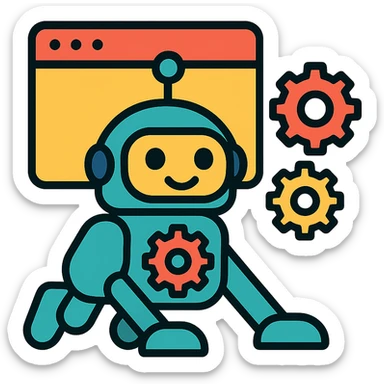 stylized robot with gears and browser window, crawling pose, modern flat icon style SEO robot crawler icon sticker