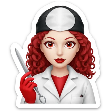 


Scary woman scalpel in hand, evil surgeon sexy surgeon clothes.  She has redcolored  eyes. Her  hair only is free ne brown long curly hair. Wears sexy doctor outfit with red gloves. make her wear red ski mask  to hide. Wears white surgeon coat, wears  stilettos sticker