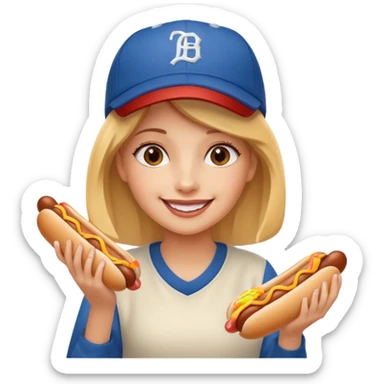 A girl holding two hot dogs, smiling proudly before eating.






















 sticker