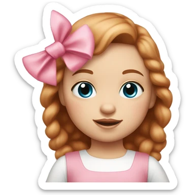 Little Girl with White skin, blue eyes. Light brown and red hair with pink bows.  She is wearing a pink and White dress, standing and holding on to a teddybear with a pink bows. sticker