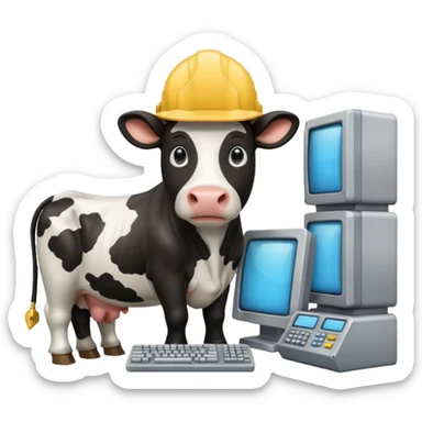 cow with a hard hat looking at several mainframe computers sticker