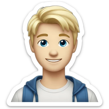 Blonde teen boy with medium short hair, blue eyes, waving hi to the camera sticker