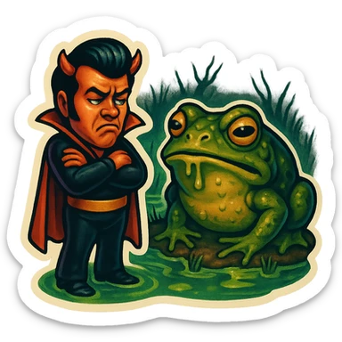 Retro sticker style with no borders on stickers. Helvis character with a short cape and very tiny horns, standing in a swamp, looking at a giant slimy toad with a disgusted expression, arms crossed. Grim vibe maintained. sticker