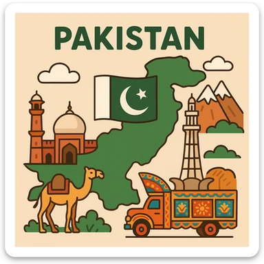 flat toon style illustration of Pakistan with flag and cultural motifs sticker