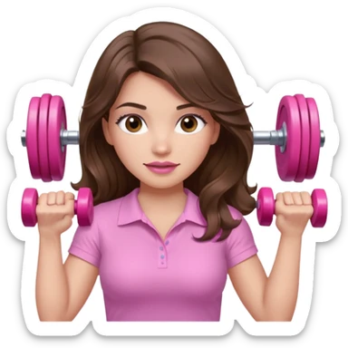 girl with wavy long brown hair, brown eyes, light to medium complexion, long lashes, light pink lipstick, wearing light pink shirt, lifting a pink dumbell weight sticker