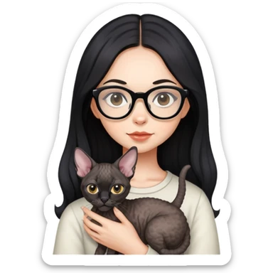 A girl with long black hair and glasses holding a Devon Rex sticker