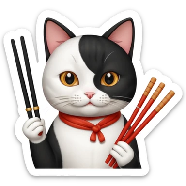Black and White Cat holding a Chopstick with Kimchi sticker