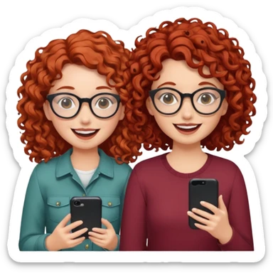 two girls. both white, one with curly red hair and glasses. one with curly brown hair. both giggling while doing a podcast sticker