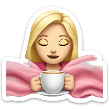 White Girl with blonde hair sipping coffee with eyes closed and pink blanket around head laying down on couch  sticker