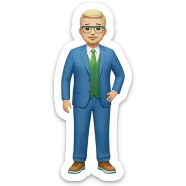 Full Body white male plus size wearing glasses with a goatee with light blonde and gray very short hair happy basketball head Coach in blue and green suit sticker