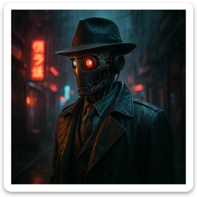 photorealistic robot detective in a rainy futuristic alley, moody lighting, neon accents sticker