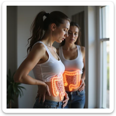 adult woman, photorealistic, intestinal problems, standing in front of mirror, intestine illustrated in transparency on abdomen, discomfort expression, natural light, bathroom background sticker
