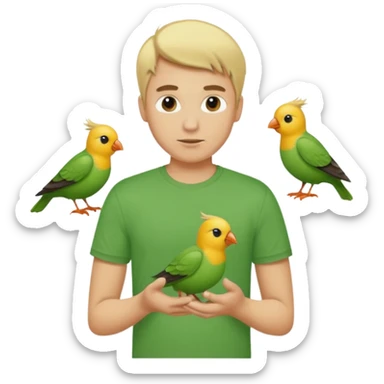 green tshirt blonde man with bird sticker