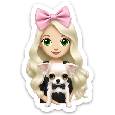 pale blonde girl with long platinum white wavy hair with bright green eyes and wearing a light pink hair bow holding a black and white long haired chihuahua puppy also wearing a hair bow sticker