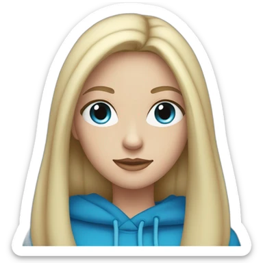 White woman with long black straight hair and blue eyes with long eyelashes and blue hoodie sticker