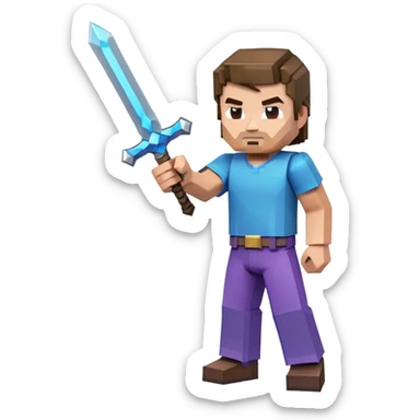 Jack Black as Minecraft Steve in combat pose holding sword, blocky character with brown hair, blue shirt, and purple pants sticker