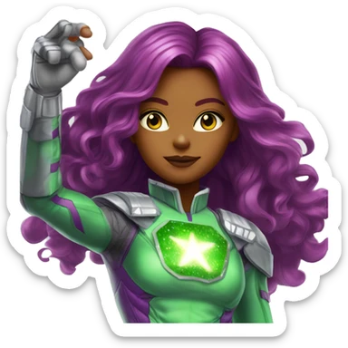 dc comics starfire glowing green eyes red long hair, purple and silver spacesuit with no helmet green jewels sticker
