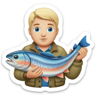 Pêcheur blond avec bouc  grassouillet yeux bleus et présentant truite sticker
