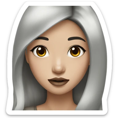 wasian girl with long dark brown hair and white/gray highlights and thick lashes and brown lipstick sticker