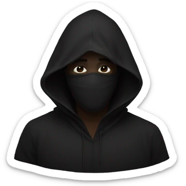 a man in a black cloth mask covering his face and a black hood sticker