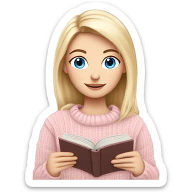 Pretty blue eyed white girl with light pink sweater reading cozy sticker