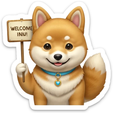 shiba holds welcome sign bigger then himself sticker