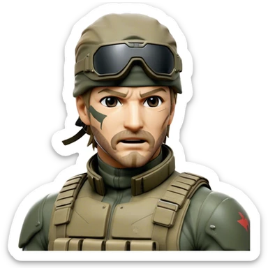 Cinematic Realistic Metal Gear Solid Snake Soldier Portrait, head tilted dramatically with an exaggeratedly amused expression, blending stealthy seriousness with a touch of unexpected humor. His rugged features, set against intricately detailed tactical gear in muted earth tones, are rendered with lifelike texture and dynamic lighting, high shine, dramatic yet whimsical, capturing the essence of a soldier whose epic covert skills are matched by a playful, irreverent spark. sticker