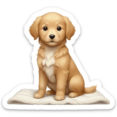 A Golden Retriever puppy standing peacefully on a soft blanket indoors. Cozy home environment, natural lighting, soft focus, adorable realism. sticker