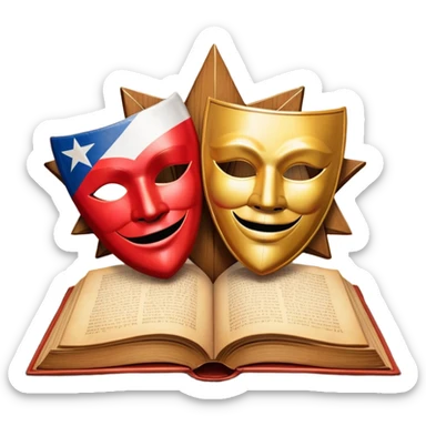 Ancient leatherbound book with prominent Puerto Rican flag star in center of cover, wooden theater masks and curtains framing the edges, warm amber glow emanating from pages, vintage textured parchment sticker