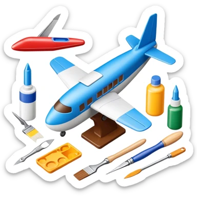 photorealistic icon featuring model-building tools like glue, paint, paintbrushes, pieces of a plastic model airplane in the process of being assembled. The design includes detailed textures of the model pieces and tools, capturing the focus and creativity of model building. Transparent background. sticker