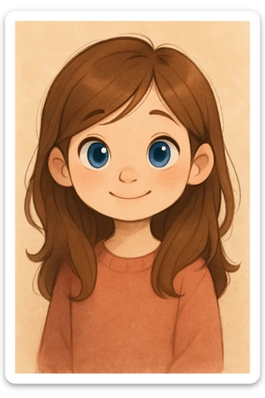 cute white girl with brown hair and blue eyes, soft friendly cartoon style, warm and gentle expression sticker