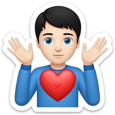 White boy with black hair holding up heart hands sticker