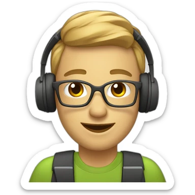 it employee with computer desck and heafphones sticker