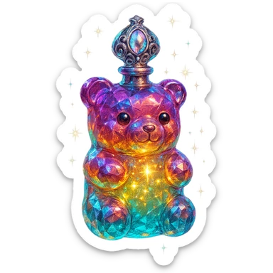 luxurious crystal elixir bottle in gummy bear shape, vibrant translucent color, ornate silver and iridescent details, magical glowing and sparkling effects, very small neck, seamless bottom, transparent background, bottle clearly floating in air, no base or shadow, modern, collection style sticker