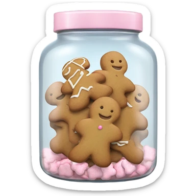 Realistic glass cookie jar with light pink lid full of gingerbread cookies isolated.  sticker