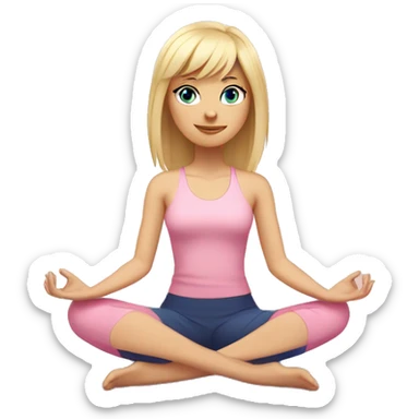 blonde with bangs and blue eyes yoga girl light pink clothes sitting on yoga mat sticker