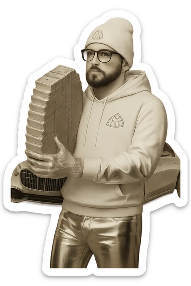 Edit the image by placing a Maybach car behind the person. Ensure the person's skin tone is clearly white as requested. Change the pants to white sweats and make all clothing white. Keep the chrome effect on everything except the realistic money, which should not have the chrome effect. Maintain the transparent background and all previous details including the black goatee and facial hair, white Louis Vuitton beanie, Cartier glasses. Replace the AMG logo with Maybach. Preserve the overall style and details from the original image. sticker