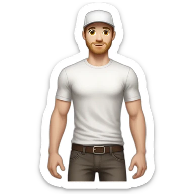 Pale skinned fit Man with dark brown hair in a light gray cap, dark brown jeans, brown polo and white T-shirt keeping a pasted with tape white box into his hands sticker