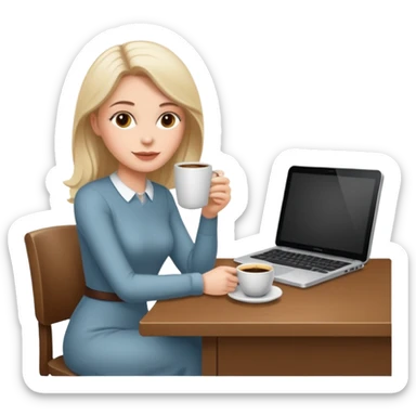 mujer blanca tomando cafe y con un computador sentada en una mesa  sticker